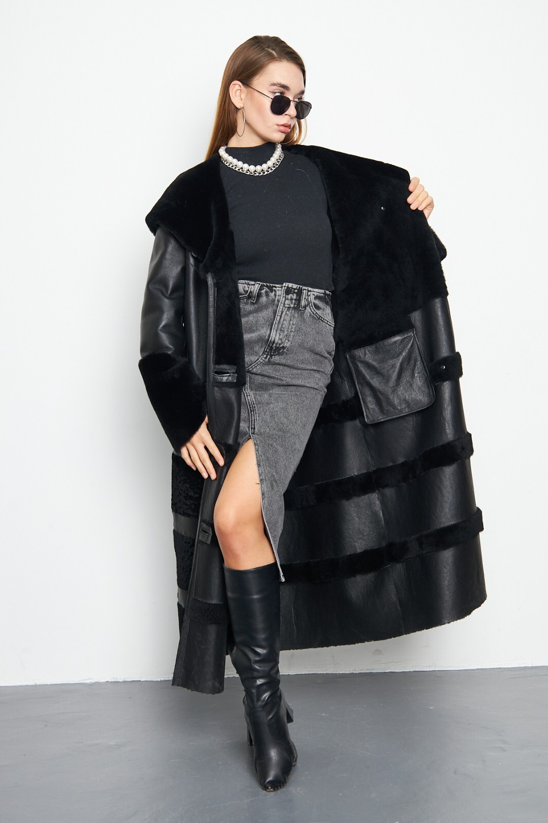 Pre-owned Handmade Astrakhan Fur Genuine Leather Coat Bdchsn01 In Black