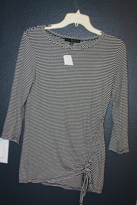 NWT Womens FRED DAVID knit top SHIRT black white striped drawstring Sz Small