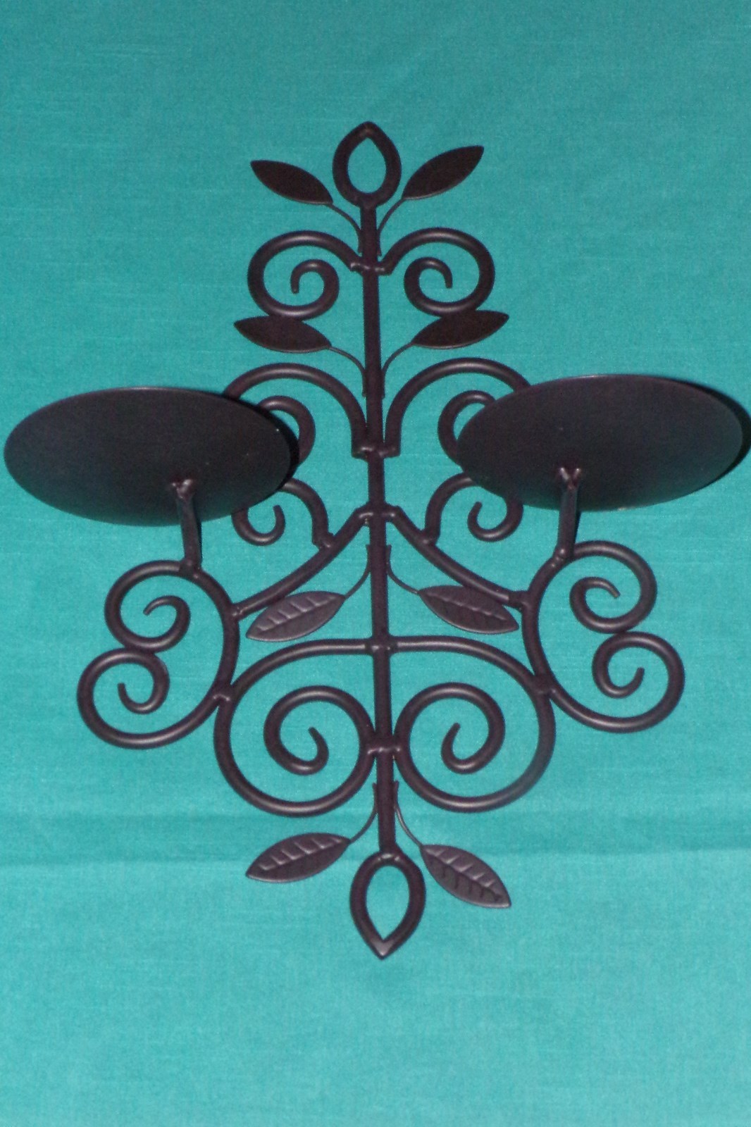 Pair Brown Metal Double Wall Pillar Round Candle Holders Sconces Leaf Scroll