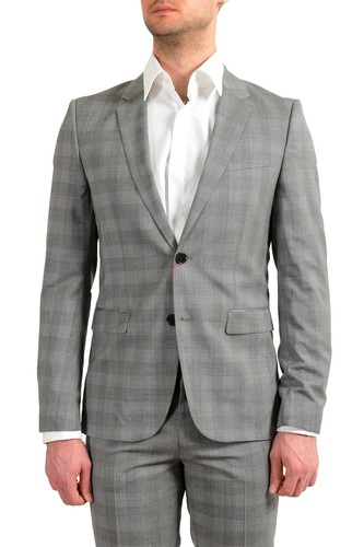 Pre-owned Hugo Boss "astian/hets182" Men's 100% Wool Extra Slim Fit Plaid Two Button Suit In Gray