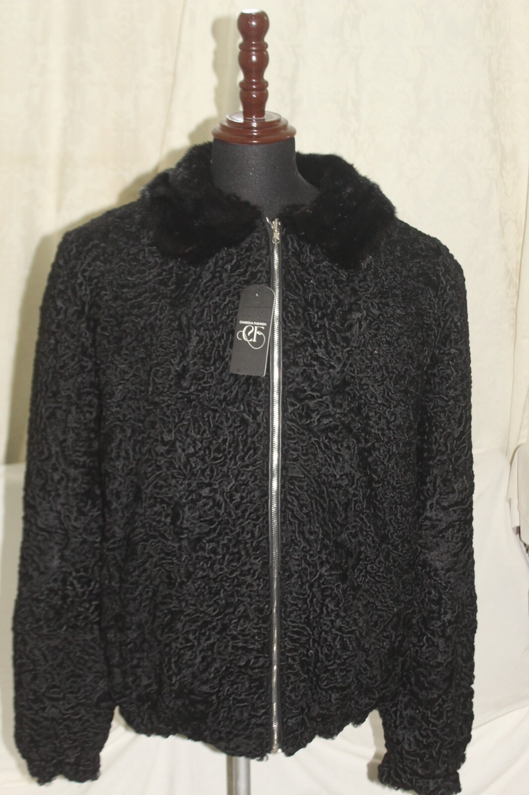 Pre-owned Handmade Black Reversible Real Persian Lamb Fur Coat Real Mink Fur Collar All Sizes