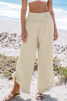 Cupshe summer cotton trousers harem pants ruffled leg beige M (12/14)
