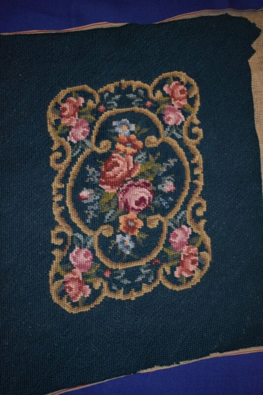 Vintage Antique Handmade Needlepoint Cover, Roses, Wool. Teal Blue Floral 
