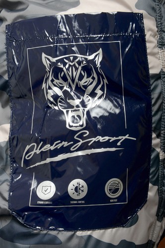 Plein Sport Men's Navy Blue Logo Print Zip Up Hooded Parka Jacket