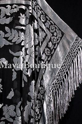 Pre-owned Maya Matazaro Silver Gray Caftan Duster Fringe Jacket Kimono Burnout Velvet