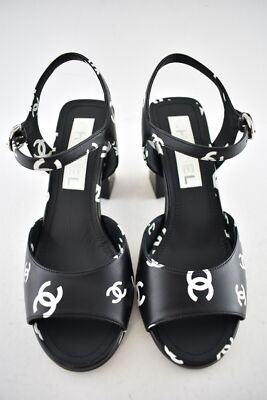 Pre-owned Chanel 22s Black White Print Lambskin Cc Logo Ankle Strap Block Heel Sandal 36.5