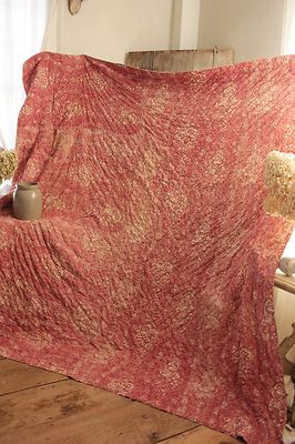 Quilt Antique French Toile de Normandy / Alsace c1820 quilted textile pink 92X88