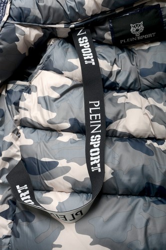 Plein Sport Men's Navy Blue Logo Print Zip Up Hooded Parka Jacket