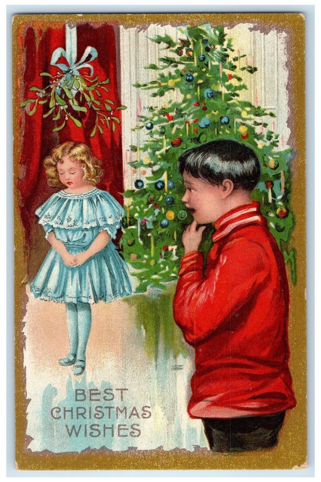 【時間指定不可】 Tree Christmas 1910 Decorated Bunceton Mistletoe Under Girl 絵画