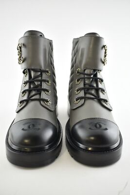 Pre-owned Chanel 21a Grey Black Quilted Cc Chain Combat Lace Up Tie Ankle Short Boots 40