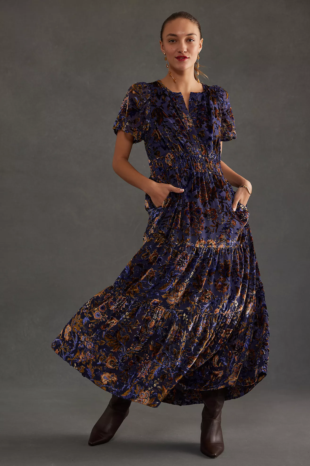 Pre-owned Anthropologie Somerset Tiered V-neck Burnout Velvet Maxi Dress Purple Plus 2x