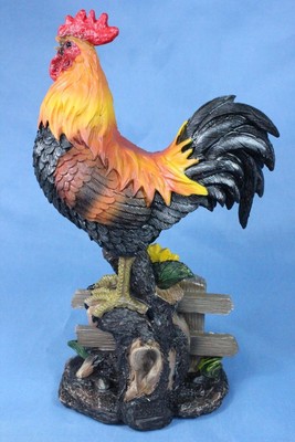 Rooster Statue Crowing Rooster Statue on Fence w Sunflowers Figurine 10.5