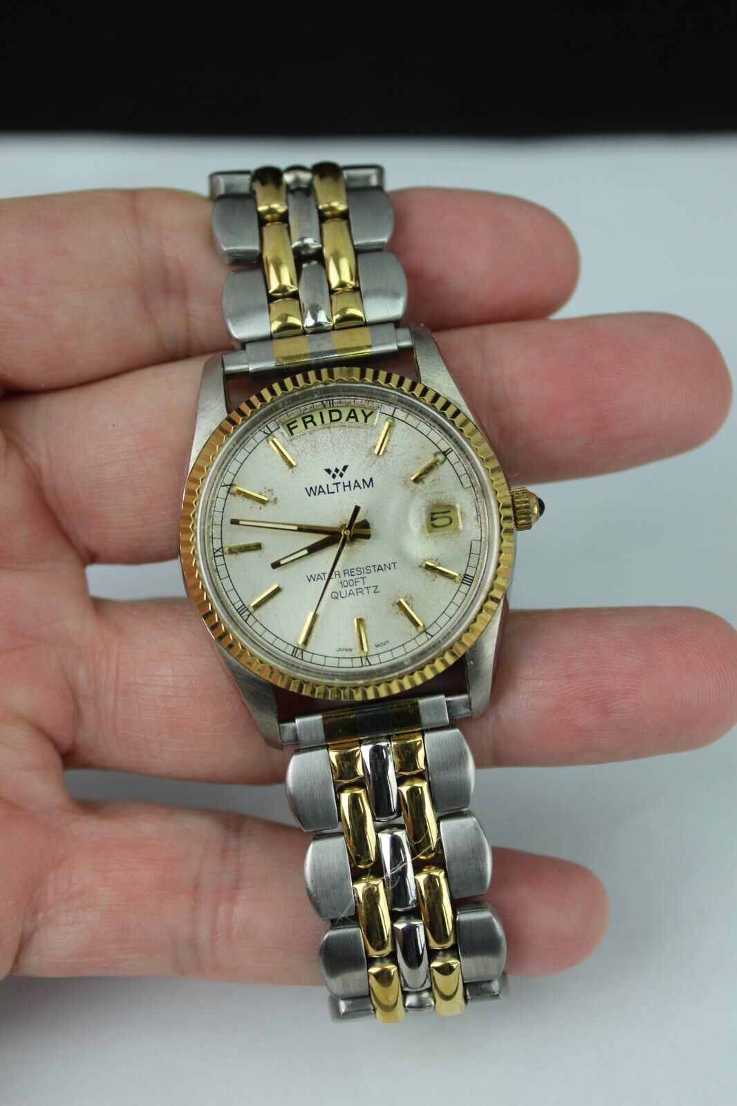Vintage WALTHAM Watch Mens Gold Tone Stainless Steel Quartz