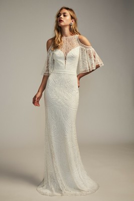 TADASHI SHOJI Bridal Ivory LUZ Embroidered Cold Shoulder Flutter Sleeve Gown 8 M