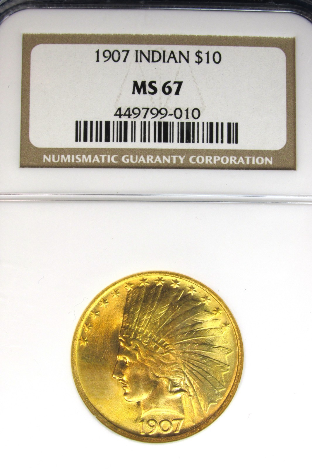 1907 No Motto Indian Head $10 Gold NGC MS67 RARE High Grade [010]