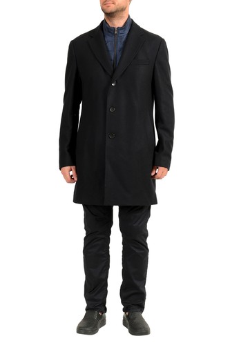 Pre-owned Hugo Boss Men's "nadim4" Slim Fit Wool Two Tone Button Down Coat In Blue/black