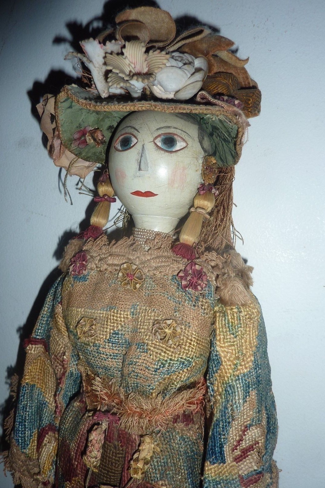 Antique / Vintage Carved large Peg jointed Wooden Doll  tapestry dress