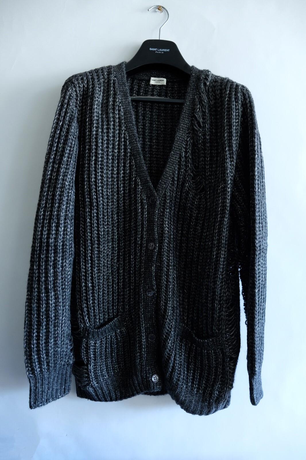 Saint Laurent Destroyed Grey Knit Cardigan SS16 Surf Sound Saint Laurent Destroyed Grey Knit Cardigan SS16 Surf Sound