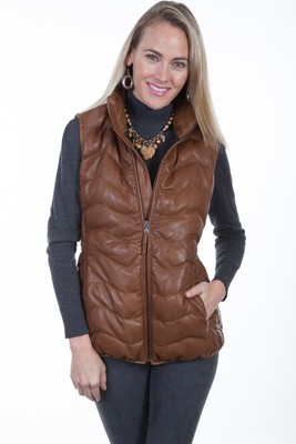 Pre-owned Scully Womens Cognac Soft Lamb Puffer Vest In Brown