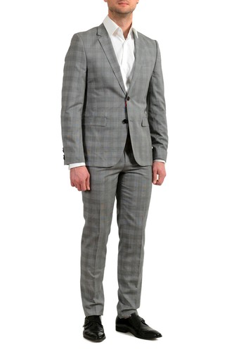 Pre-owned Hugo Boss "astian/hets182" Men's 100% Wool Extra Slim Fit Plaid Two Button Suit In Gray