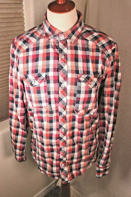 NEXT Mens Button Shirt Medium Pockets Red Blue Plaid Numbered Cotton