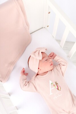 Personalised Pink Rabbit Initial Babygrow with optional Heaband & Blanket Sleeps