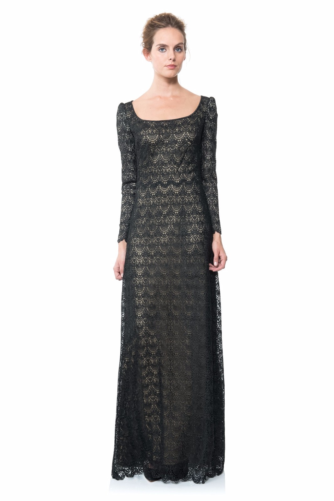 Pre-owned Tadashi Shoji Black Scalloped Crochet Lace Long Sleeve Dress Gown