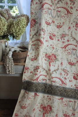 Floral Curtain Antique French LINEN hand block printed panel STUNNING Rococo