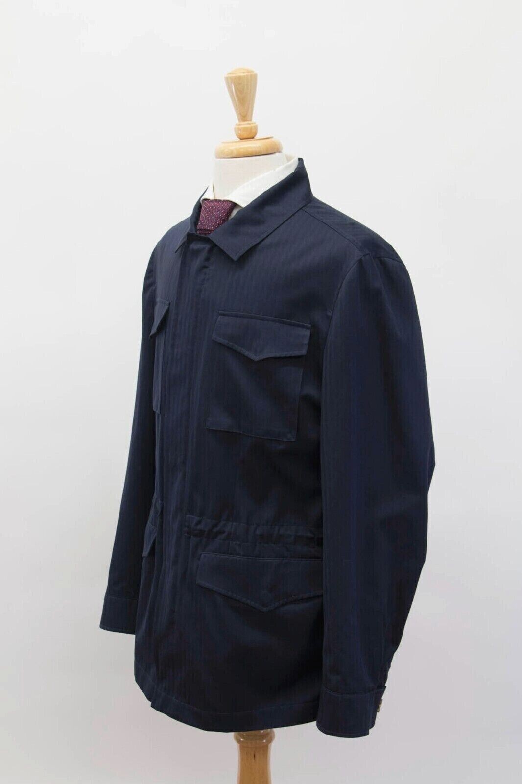 Pre-owned Brunello Cucinelli $3495  Men Herringbone Safari Jacket W/ Logo Hardware A238 In Blue