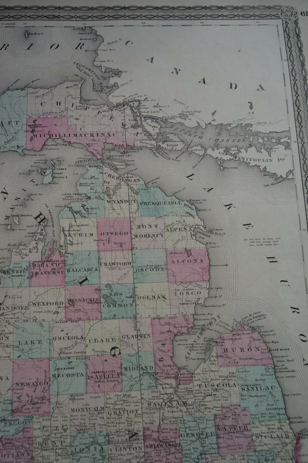 1864 WISCONSIN - MICHIGAN Atlas Map ~ Old Antique Original Map-Hand Colored