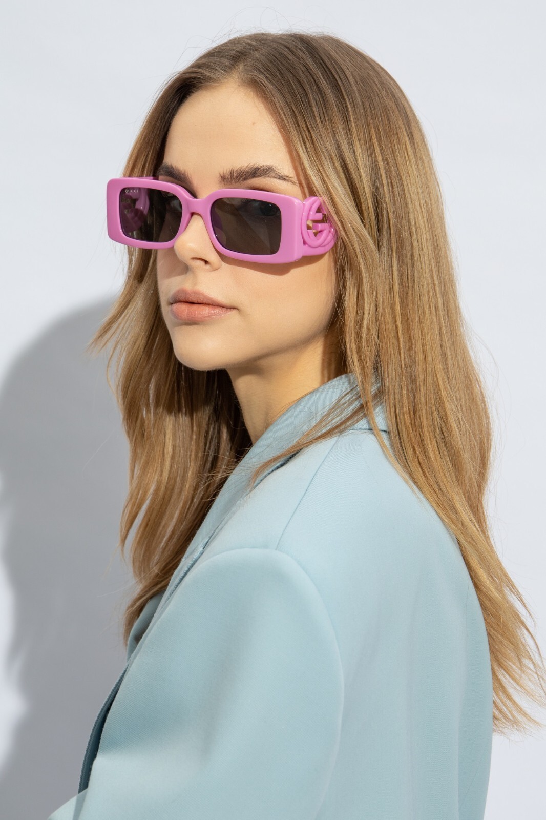 Pre-owned Gucci Gg1325s 006 Pink Grey Rectangle Unisex Sunglasses Gg 1325s In Gray