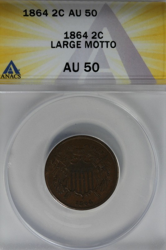 1864 . 02  ANACS AU 50 LARGE MOTTO 