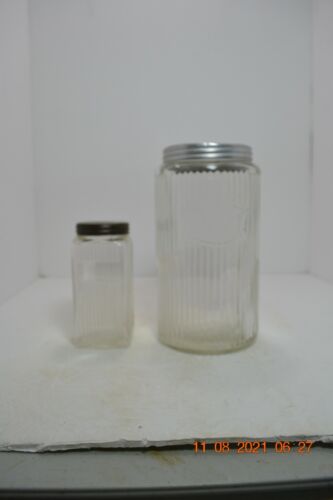 Antique Hoosier Kitchen Ribbed Glass Coffee Canister & Spice Canister