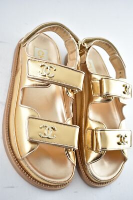 Pre-owned Chanel 22c Golden Gold Laminated Cc Logo Mule Slide Strap Flat Dad Sandal 36.5