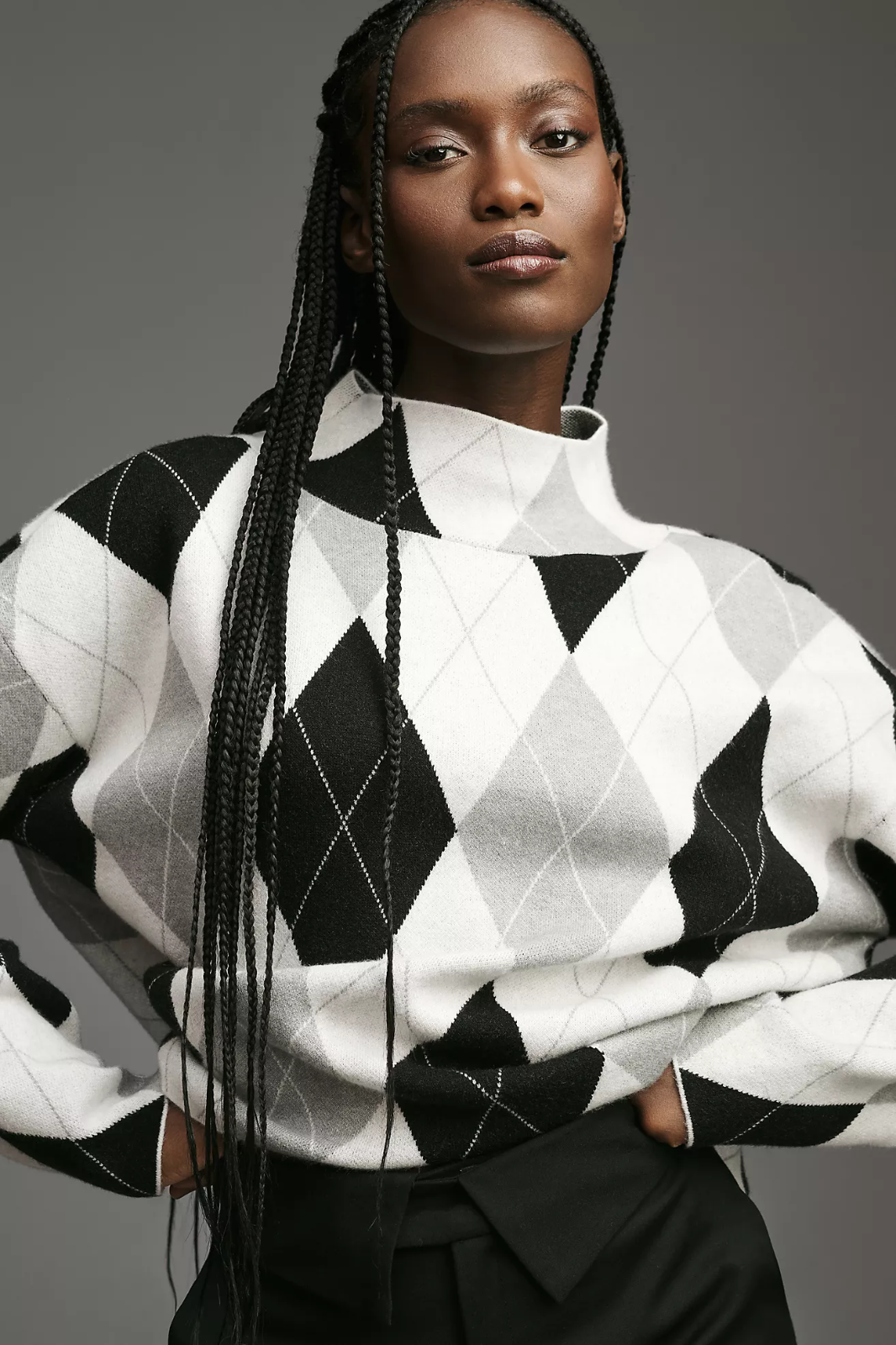 NWT ANTHROPOLOGIE MAEVE CARYS MOCK NECK ARGYLE PULLOVER KNIT SWEATER GRAY L