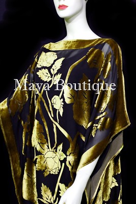 Pre-owned Maya Matazaro Caftan Dress Kimono Silk Burnout Velvet Antique Gold Blk Hand Dyed