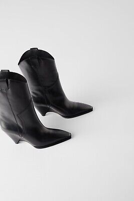 ZARA NEW LEATHER COWBOY WEDGE HEEL BOOTS BLACK ALL SIZES REF. 5017 001