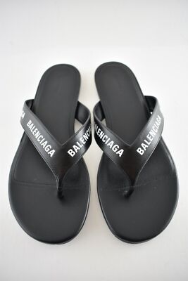 Pre-owned Balenciaga Black White Leather Logo Thong Slide Slip On Sandal Flip Flop Flat 37