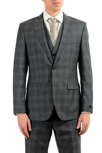 Pre-owned Hugo Boss "the Grand/central2we" Men's 100% Wool Plaid Three Piece Suit In Gray