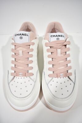 Pre-owned Chanel 22p White Leather Pink Cc Flat Lace Up Tie Runner Trainer Sneaker 39