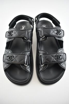 Pre-owned Chanel Black Leather Quilted Chain Cc Logo Mule Slide Strap Flat Dad Sandal 38.5
