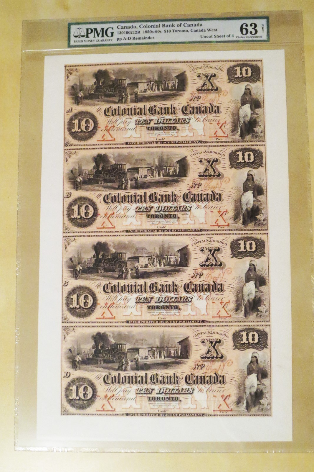 1859 Colonial Bank of Canada - $10 - Uncut Sheet - CH #130-10-02-12P - Lot #329