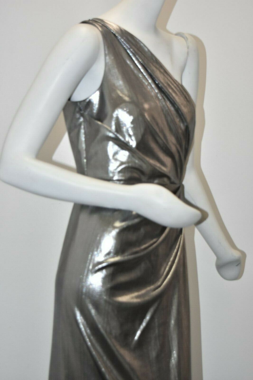 Pre-owned Marchesa Notte $795  One Shoulder Pleated Gown Dress Silver Grey 2 6 In Gray