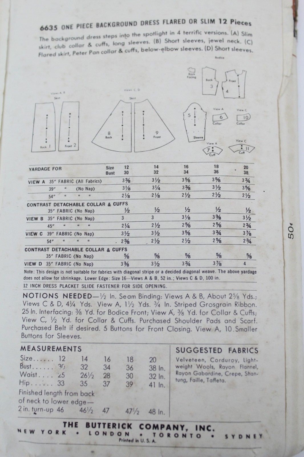 VTG Butterick #6635 Size 14 Bust 32 Dress New Look Pencil or Full Skirt 1940s