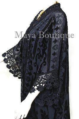 Pre-owned Maya Matazaro Lace & Burnout Velvet Kimono Caftan Jacket Duster Black  Plus