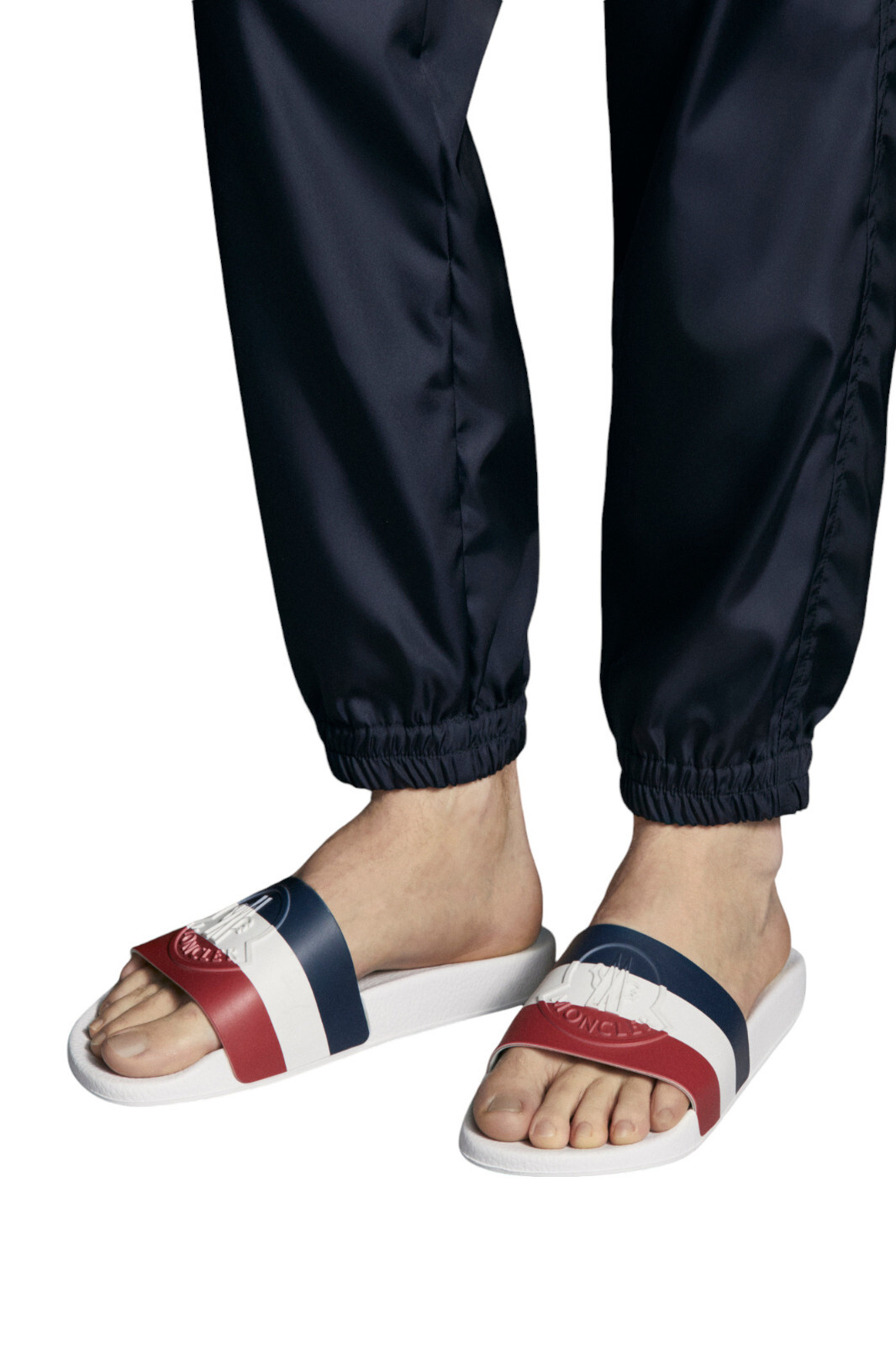 Pre-owned Moncler Authentic Men's  White Rubber Basile Logo Slides Sandals $285