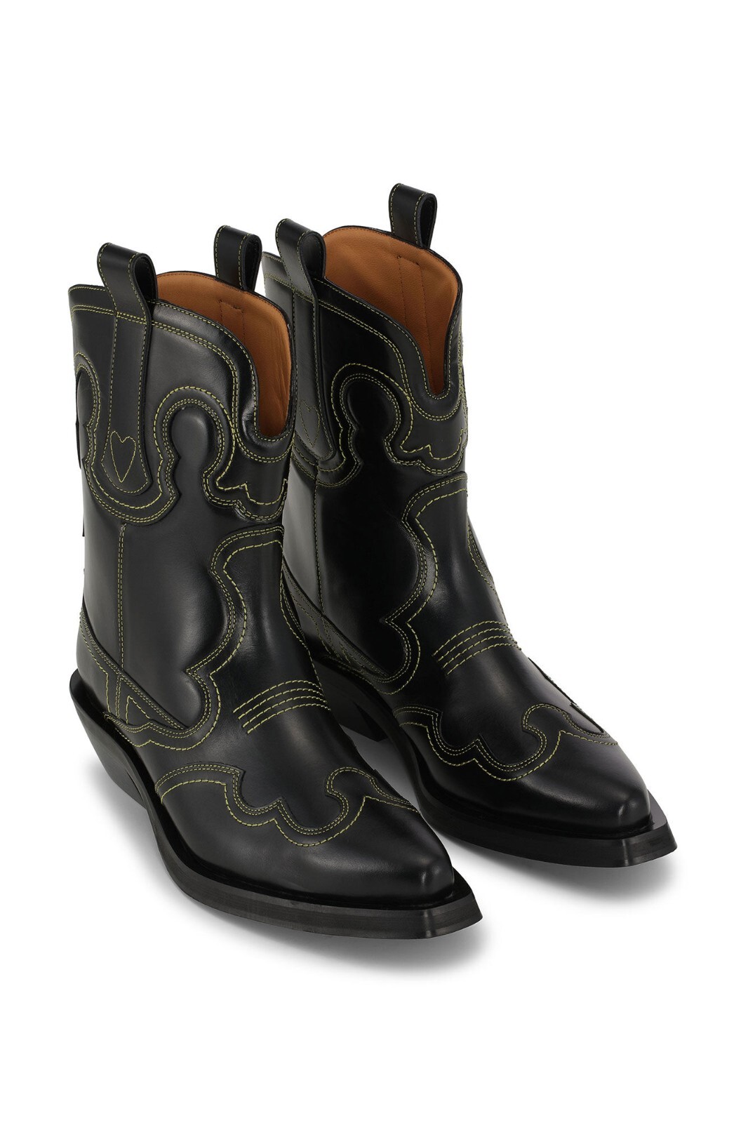 Pre-owned Ganni Low Shaft Embroidered Western Boots - Black/yellow ( Origin $595 )