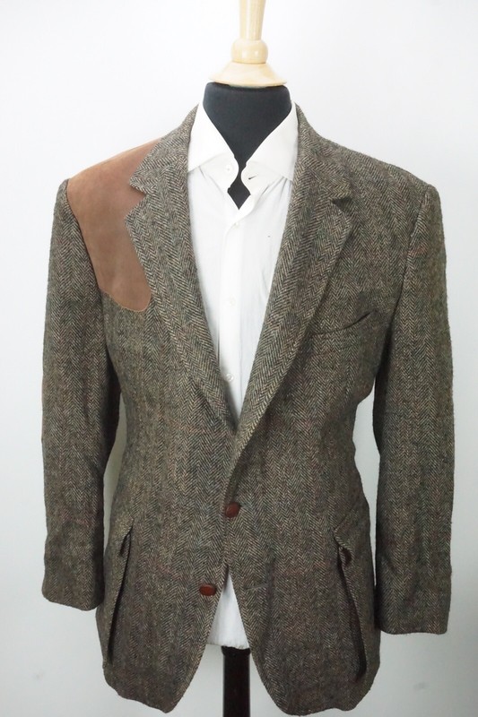 Brooks Brothers Brown Herringbone Tweed Suede Shooting Hacking Norfolk Jacket 48