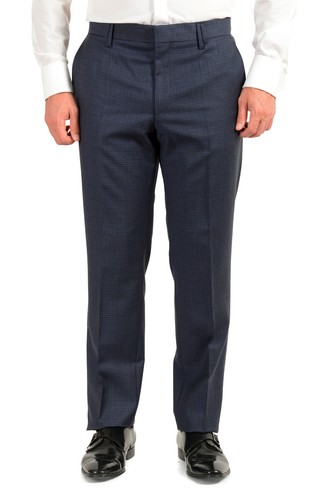 Pre-owned Hugo Boss Men's "urban/fargo 194f1" Regular Fit Plaid 100% Wool Two Button Suit In Blue/black