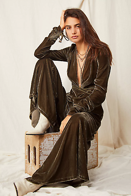 Free People Effortless Velvet Plunge Neck Flare Wide Leg Jumpsuit Size 0